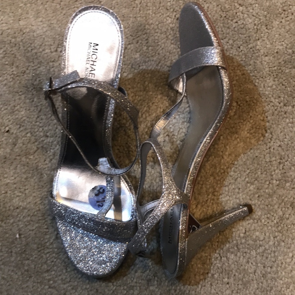 Michael Kors Silver T-Strap Glitter Sandals with 4 inch Heel-Size 8.5M